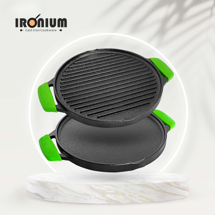 IRONIUM Pre-Seasoned Cast Iron Dual Tawa 30CM Dia With 2 Silicon Handle