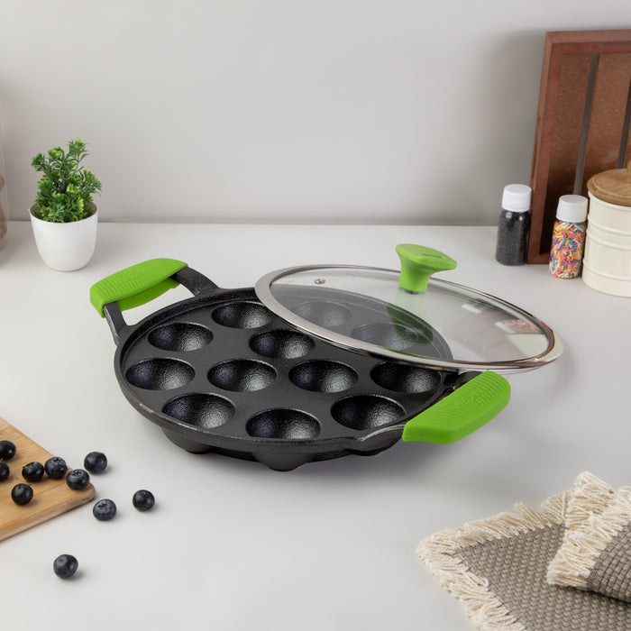 IRONIUM Pre Seasoned Cast Iron Appe Pan 12 Cavity with Glass Lid and Long Side Handle with Silicon Grips