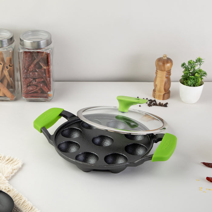 IRONIUM Pre Seasoned Cast Iron Appe Pan 9 Cavity with Glass Lid and Long Side Handle with Silicon Grips