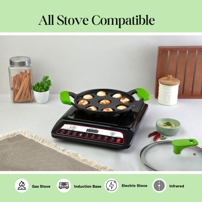 IRONIUM Pre Seasoned Cast Iron Appe Pan 9 Cavity with Glass Lid and Long Side Handle with Silicon Grips