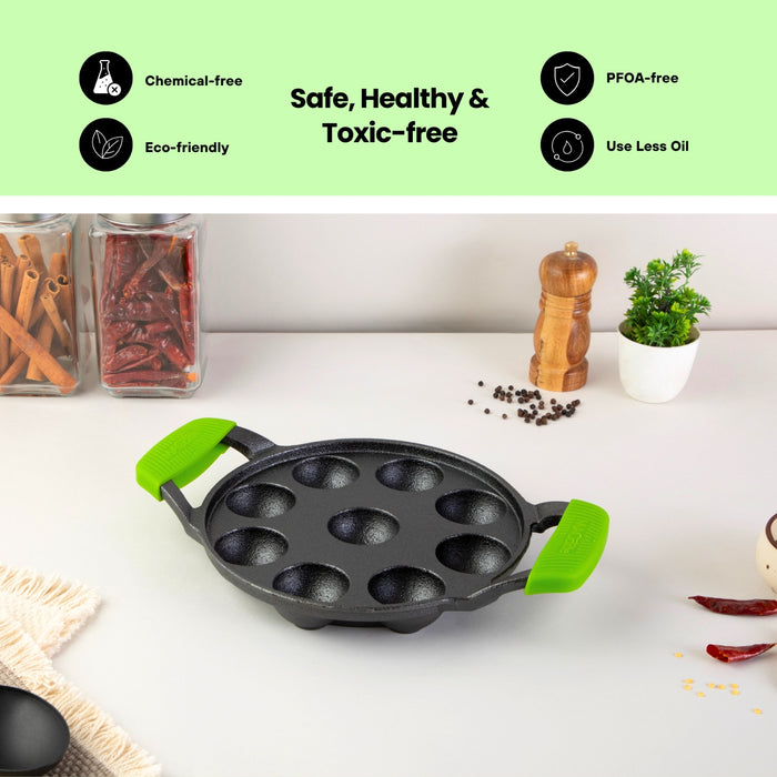 IRONIUM Pre Seasoned Cast Iron Appe Pan 9 Cavity with Glass Lid and Long Side Handle with Silicon Grips