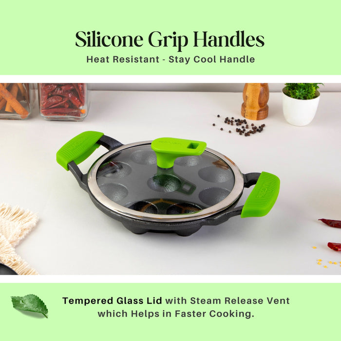 IRONIUM Pre Seasoned Cast Iron Appe Pan 9 Cavity with Glass Lid and Long Side Handle with Silicon Grips