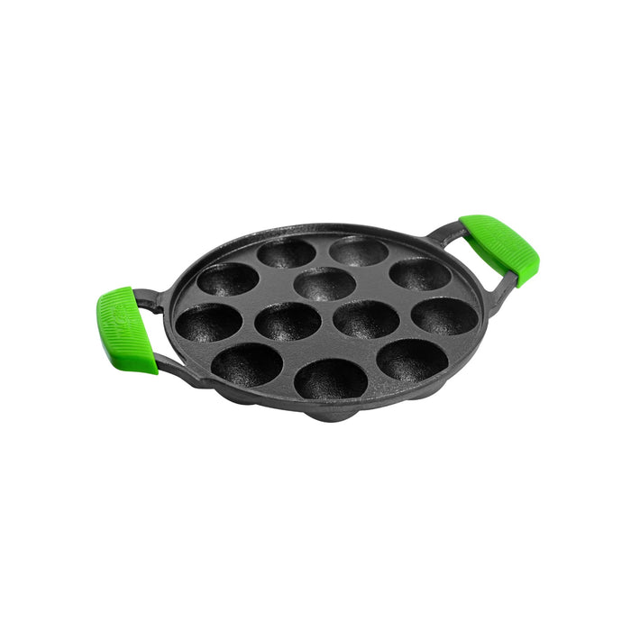 Ironium Cast Iron Pre-Seasoned Round Heavy Panniyarkal 12 Pits With 2 Side Handle and Silicone Grips