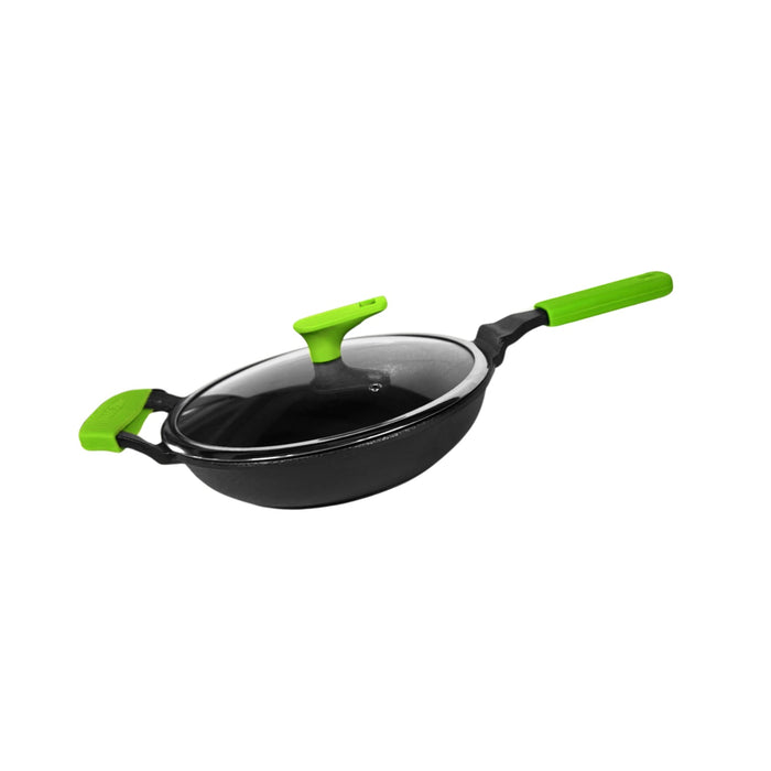 Ironium Cast Iron Pre-Seasoned Frying Pan with Glass Lid  With Long Handle and Silicone Grip