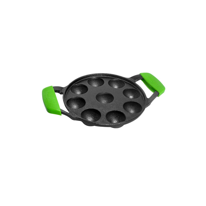 Ironium Cast Iron Pre-Seasoned Round Heavy Panniyarkal 09 Pits With 2 Side Handle and Silicone Grips