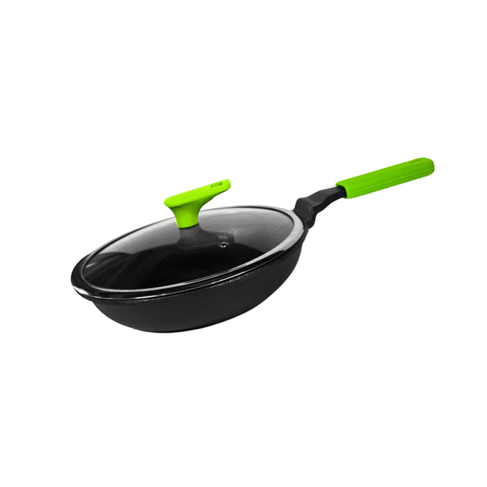 Ironium Cast Iron Pre-Seasoned Frying Pan with Glass Lid 20 cm With Long Handle and Silicone Grip