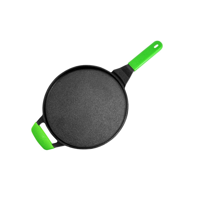Ironium Cast Iron Pre-Seasoned Flat Tawa 28 cm with Long and Side Handle and Silicone Grips