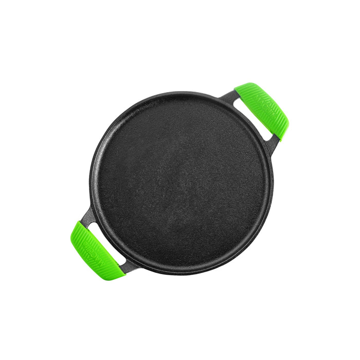 Ironium Cast Iron Pre-Seasoned Flat Tawa 28 cm with 2 Side Handles and Silicone Grips