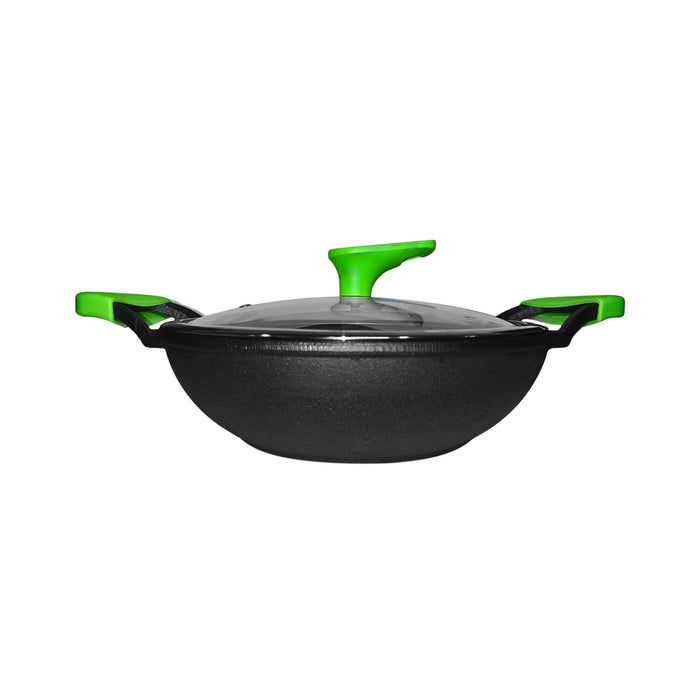 Ironium Cast Iron Pre-Seasoned Kadai With Glass Lid With 2 Side Handle and Silicone Grips