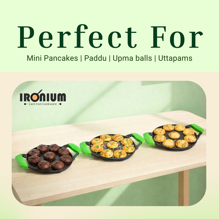 Ironium Cast Iron Pre-Seasoned Round Heavy Panniyarkal 09 Pits With 2 Side Handle and Silicone Grips