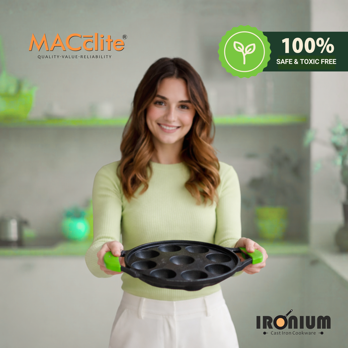 Ironium Cast Iron Pre-Seasoned Round Heavy Panniyarkal 09 Pits With 2 Side Handle and Silicone Grips