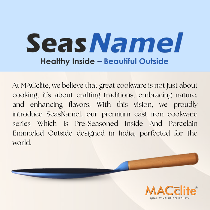 MACclite SeasNamel Cast Iron Concave Tawa with Wooden Handle 26cm