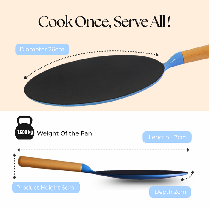 MACclite SeasNamel Cast Iron Concave Tawa with Wooden Handle 26cm