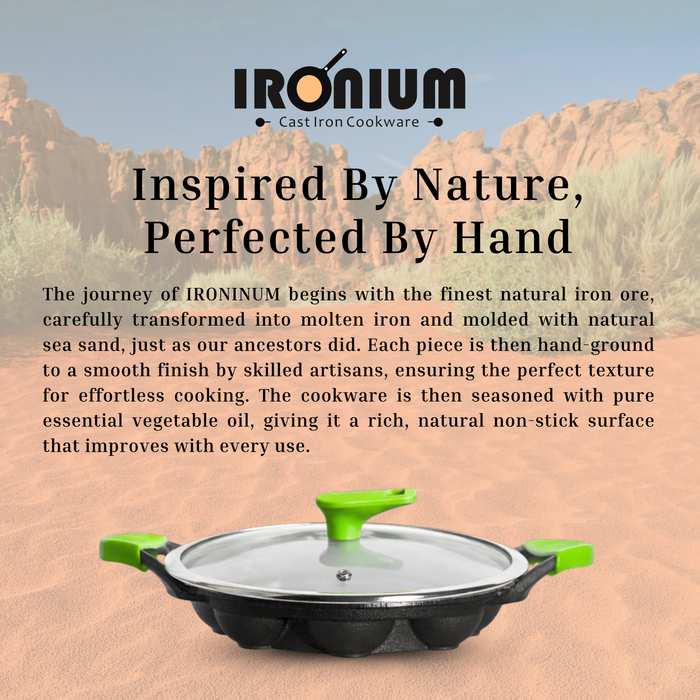 IRONIUM Pre Seasoned Cast Iron Appe Pan 9 Cavity with Glass Lid and Long Side Handle with Silicon Grips