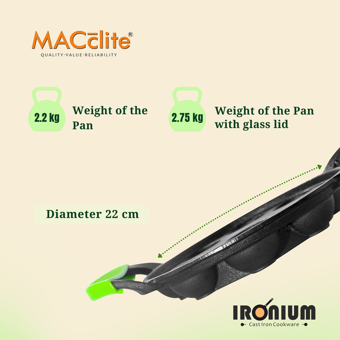 IRONIUM Pre Seasoned Cast Iron Appe Pan 9 Cavity with Glass Lid and Long Side Handle with Silicon Grips