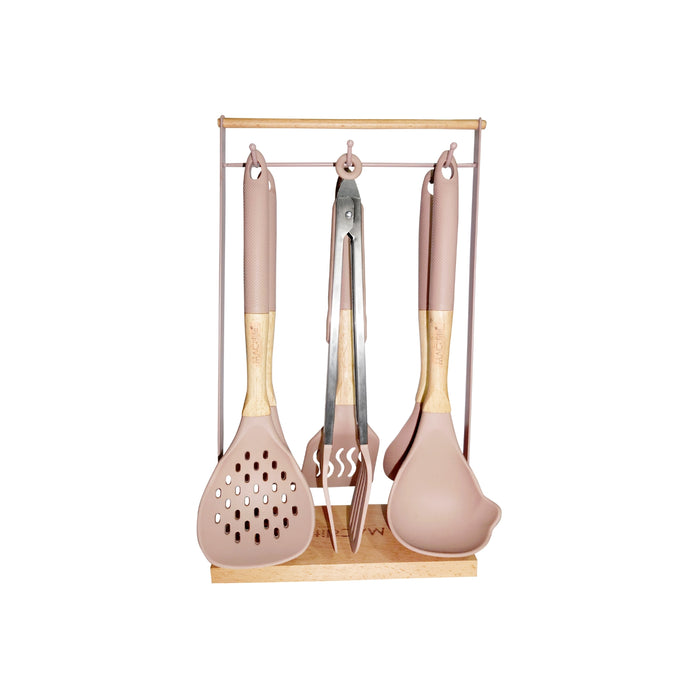 ButterScotch Silicone Kitchen Tool Set With Alpine Wooden Stand 7 Pc Set (Stand, Skimmer, Spoon,Laddle,Turnner, Slotted Turner,Tong)