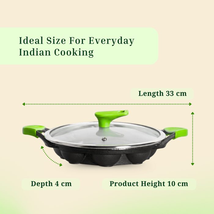 IRONIUM Pre Seasoned Cast Iron Appe Pan 9 Cavity with Glass Lid and Long Side Handle with Silicon Grips