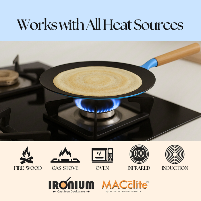 MACclite SeasNamel Cast Iron Concave Tawa with Wooden Handle 26cm