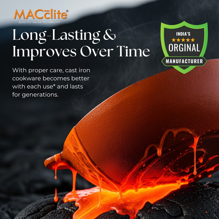 MACclite SeasNamel Cast Iron Concave Tawa with Wooden Handle 26cm