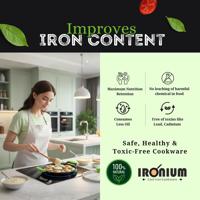 IRONIUM Pre Seasoned Cast Iron Appe Pan 9 Cavity with Glass Lid and Long Side Handle with Silicon Grips