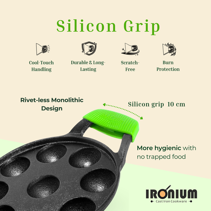 IRONIUM Pre Seasoned Cast Iron Appe Pan 9 Cavity with Glass Lid and Long Side Handle with Silicon Grips