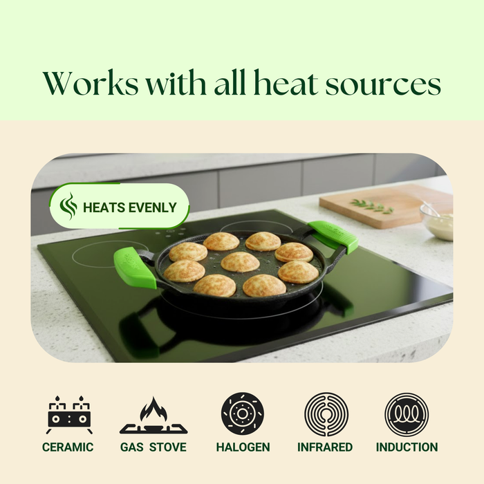 IRONIUM Pre Seasoned Cast Iron Appe Pan 9 Cavity with Glass Lid and Long Side Handle with Silicon Grips