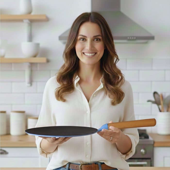 MACclite SeasNamel Cast Iron Concave Tawa with Wooden Handle 26cm