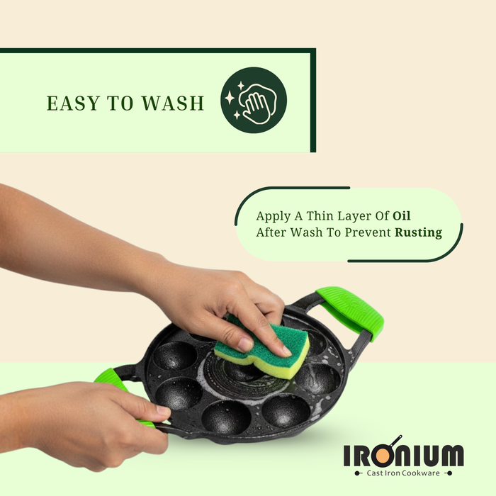IRONIUM Pre Seasoned Cast Iron Appe Pan 9 Cavity with Glass Lid and Long Side Handle with Silicon Grips