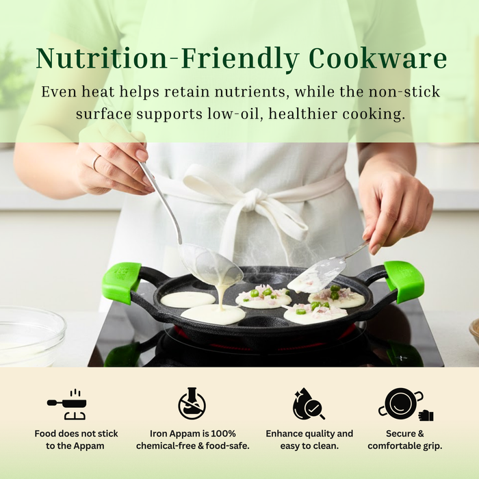 IRONIUM Pre Seasoned Cast Iron Appe Pan 9 Cavity with Glass Lid and Long Side Handle with Silicon Grips