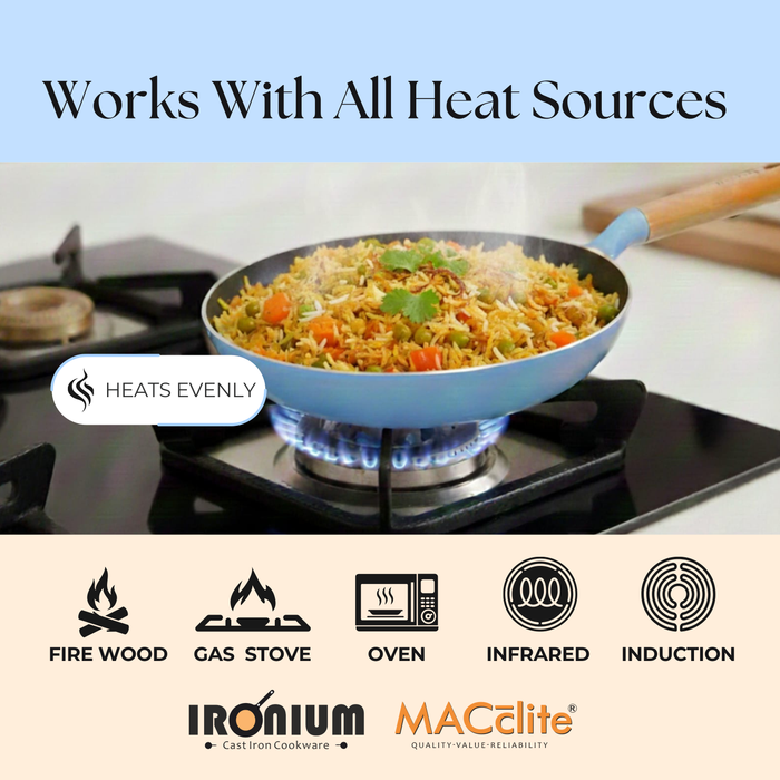 MACclite SeasNamel Cast Iron Frying Pan with Wooden Handle 20cm With Glass Lid