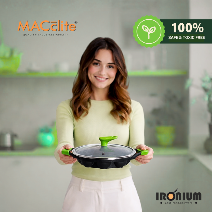 IRONIUM Pre Seasoned Cast Iron Appe Pan 9 Cavity with Glass Lid and Long Side Handle with Silicon Grips