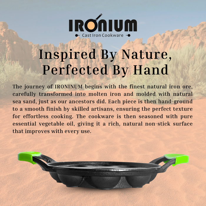 Ironium Cast Iron Pre-Seasoned Round Heavy Panniyarkal 12 Pits With 2 Side Handle and Silicone Grips