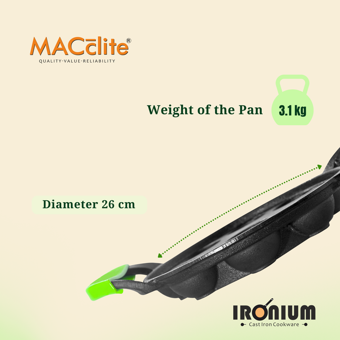 Ironium Cast Iron Pre-Seasoned Round Heavy Panniyarkal 12 Pits With 2 Side Handle and Silicone Grips