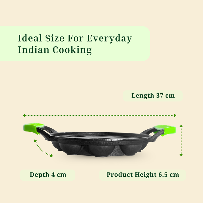 Ironium Cast Iron Pre-Seasoned Round Heavy Panniyarkal 12 Pits With 2 Side Handle and Silicone Grips