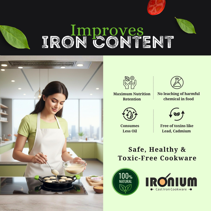 Ironium Cast Iron Pre-Seasoned Round Heavy Panniyarkal 12 Pits With 2 Side Handle and Silicone Grips