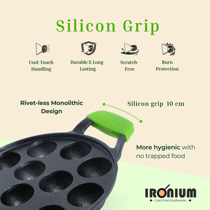 Ironium Cast Iron Pre-Seasoned Round Heavy Panniyarkal 12 Pits With 2 Side Handle and Silicone Grips
