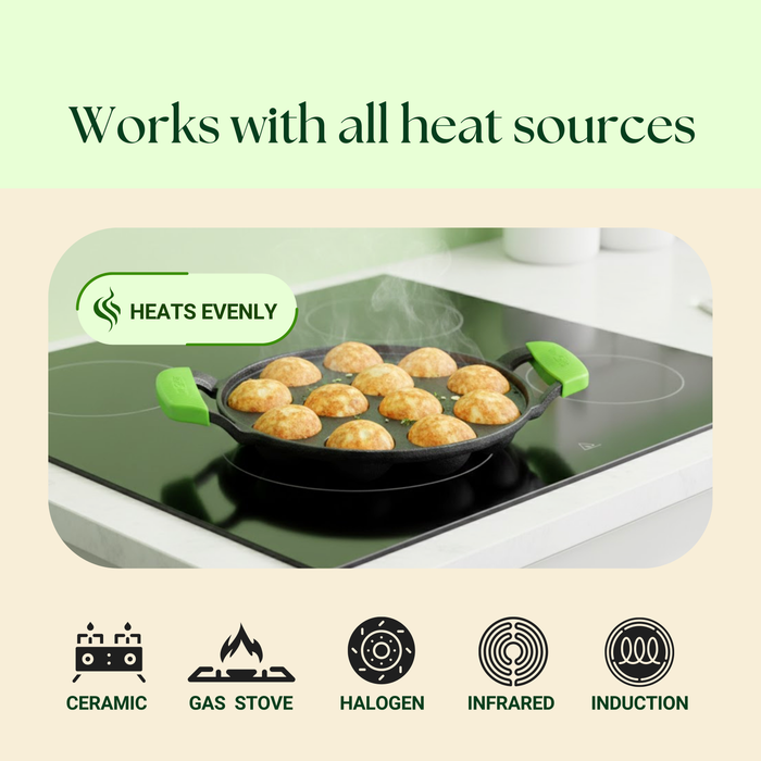Ironium Cast Iron Pre-Seasoned Round Heavy Panniyarkal 12 Pits With 2 Side Handle and Silicone Grips