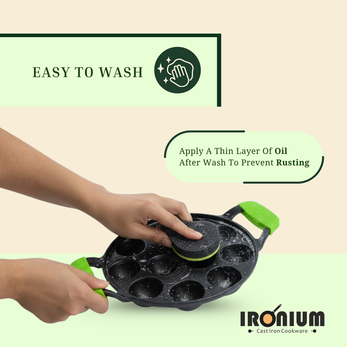 Ironium Cast Iron Pre-Seasoned Round Heavy Panniyarkal 12 Pits With 2 Side Handle and Silicone Grips