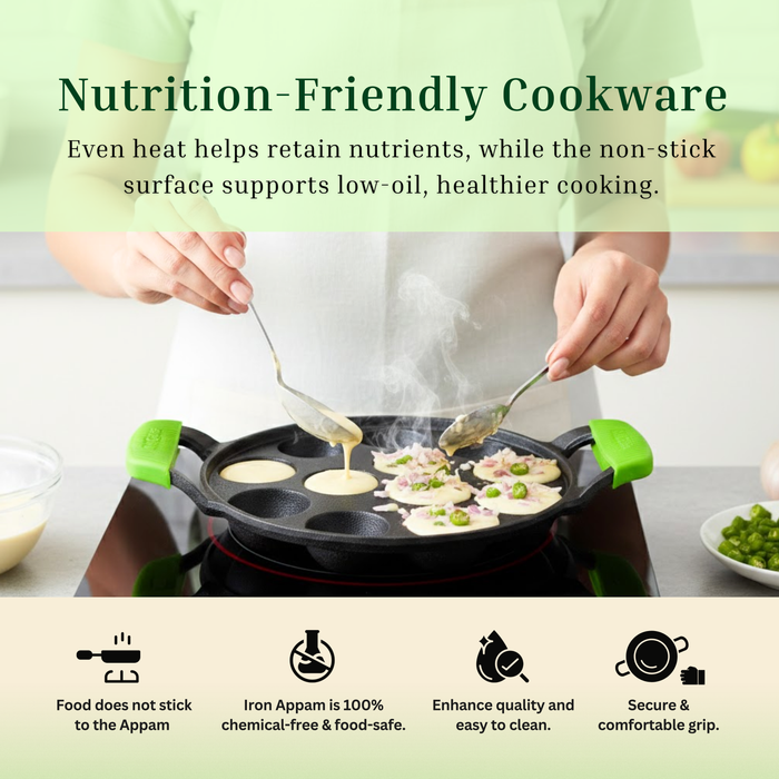 Ironium Cast Iron Pre-Seasoned Round Heavy Panniyarkal 12 Pits With 2 Side Handle and Silicone Grips
