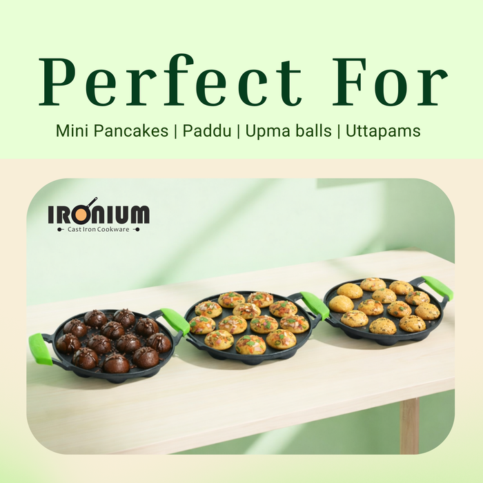 Ironium Cast Iron Pre-Seasoned Round Heavy Panniyarkal 12 Pits With 2 Side Handle and Silicone Grips