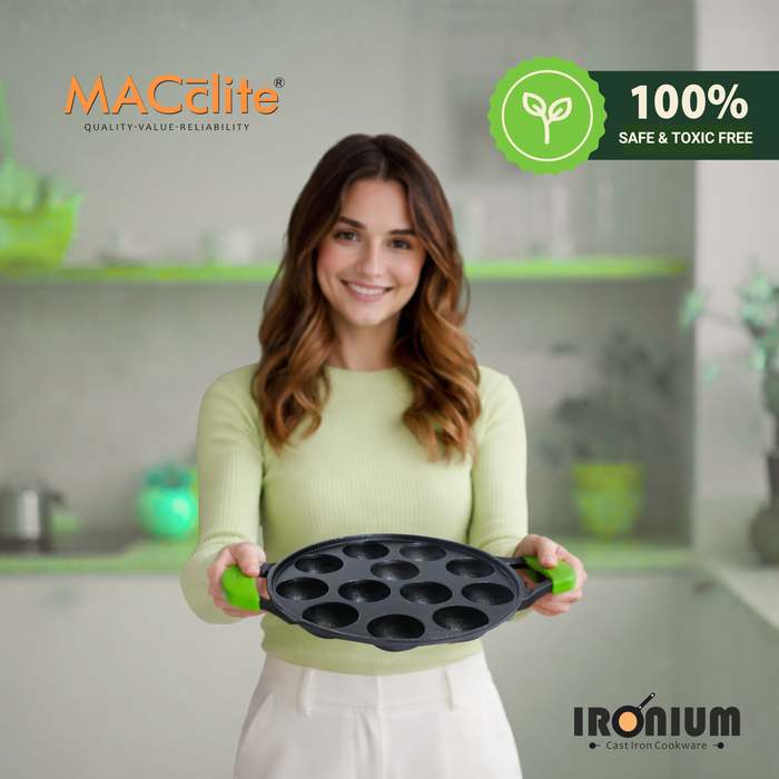 Ironium Cast Iron Pre-Seasoned Round Heavy Panniyarkal 12 Pits With 2 Side Handle and Silicone Grips