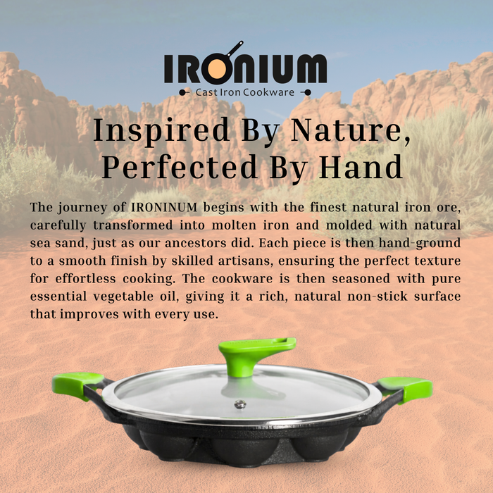 IRONIUM Pre Seasoned Cast Iron Appe Pan 12 Cavity with Glass Lid and Long Side Handle with Silicon Grips