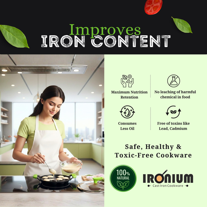 IRONIUM Pre Seasoned Cast Iron Appe Pan 12 Cavity with Glass Lid and Long Side Handle with Silicon Grips