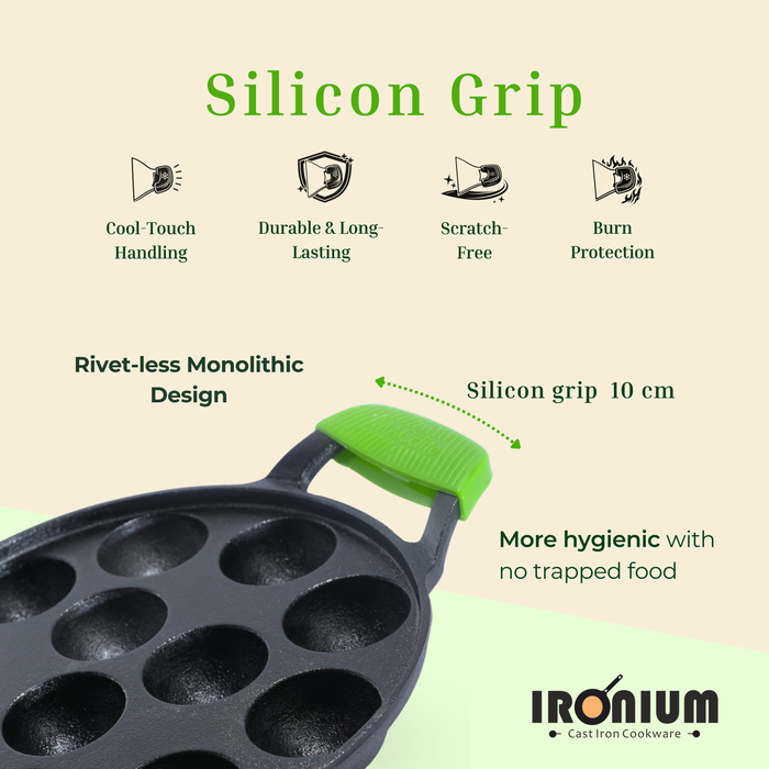 IRONIUM Pre Seasoned Cast Iron Appe Pan 12 Cavity with Glass Lid and Long Side Handle with Silicon Grips