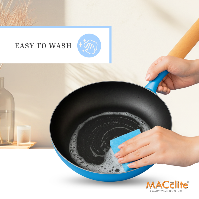 MACclite SeasNamel Cast Iron Frying Pan with Wooden Handle 20cm With Glass Lid