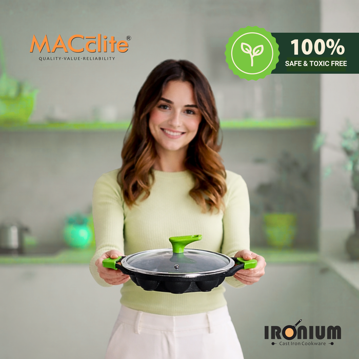 IRONIUM Pre Seasoned Cast Iron Appe Pan 12 Cavity with Glass Lid and Long Side Handle with Silicon Grips