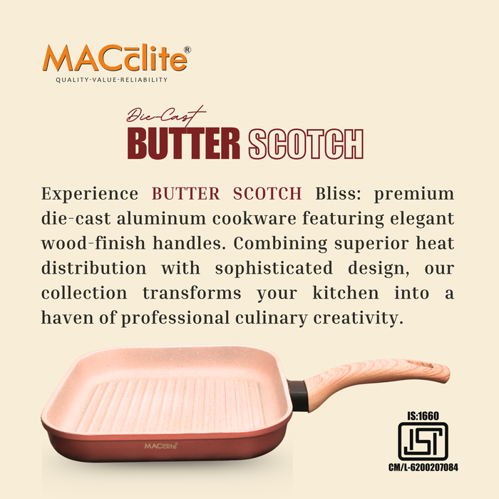 Butter Scotch Die Cast Non Stick Square Grill Pan 26 cm Dia, 2.2 Liters, Induction Base