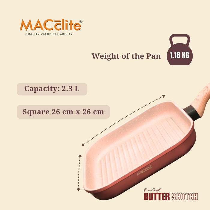 Butter Scotch Die Cast Non Stick Square Grill Pan 26 cm Dia, 2.2 Liters, Induction Base