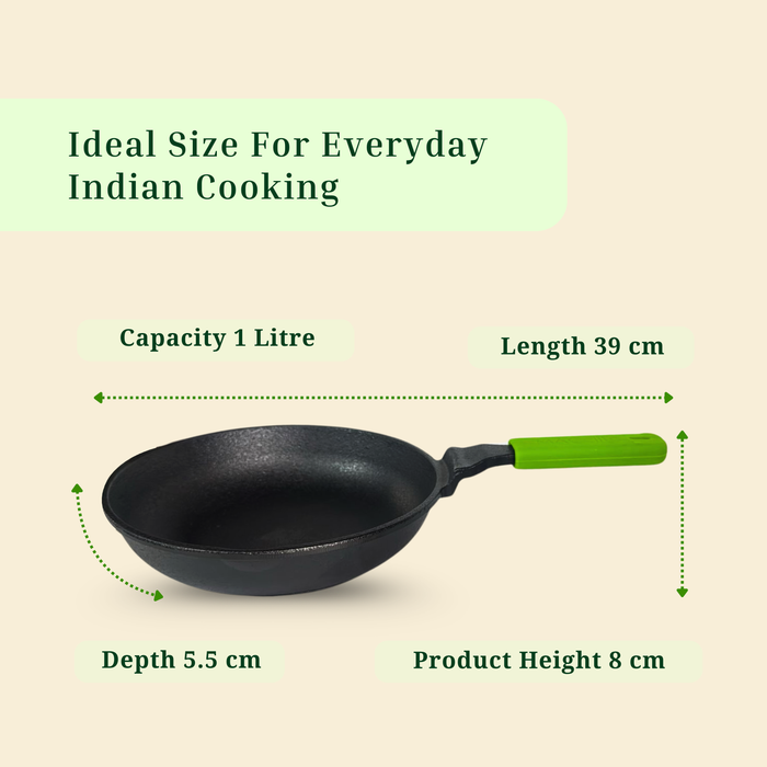Ironium Cast Iron Pre-Seasoned Frying Pan 20 cm With Long Handle and Silicone Grip