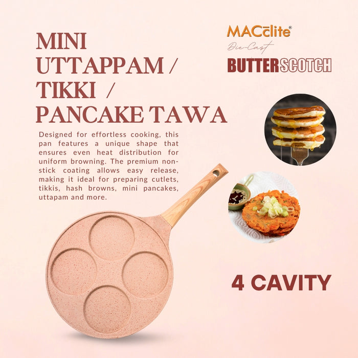Butter Scotch Die Cast Non-Stick Triumph Tikki/Cake Pan/Mini Uttappam Tawa 4 Cavity, Induction Base